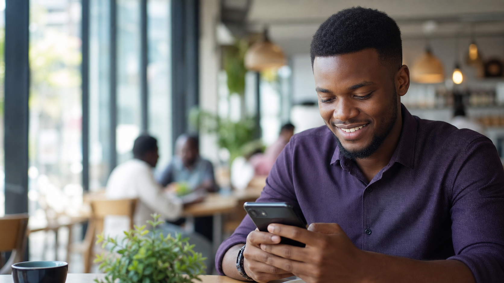 A Nigerian man using his phone in a cafe